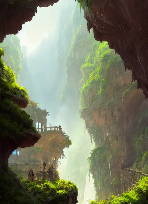 Image similar to medieval city built on terraces in a gigantic canyon, lots of buildings connected by hanging bridges, waterfalls, glow coming from amber veins in the ground, lush vegetation, pitchblack sky, extremly detailed digital painting, in the style andreas rocha and greg rutkowski, rim light, beautiful lighting, 8 k, stunning scene, octane, trending on artstation