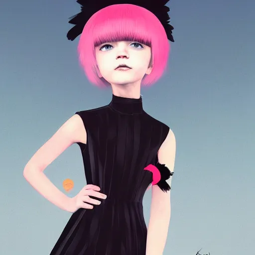 Image similar to little girl with an pink bizarre haircut wearing an dress made of black feathers, artwork made by ilya kuvshinov