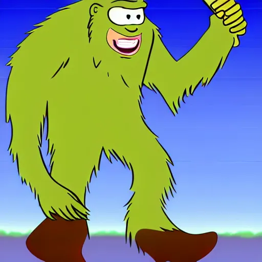 Image similar to bigfoot holding a large pickle. in the animation style of loony too s