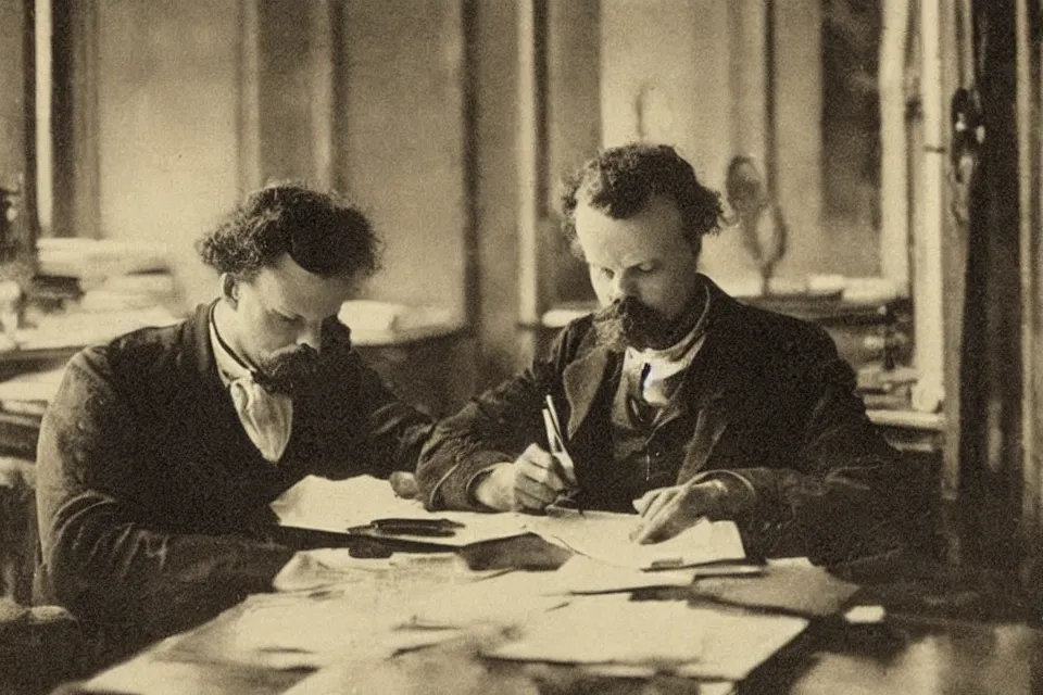 Prompt: august strindberg writing alone at a secretary desk in a small viennese apartment, night time, alone, lamplight, victorian era, depth of field