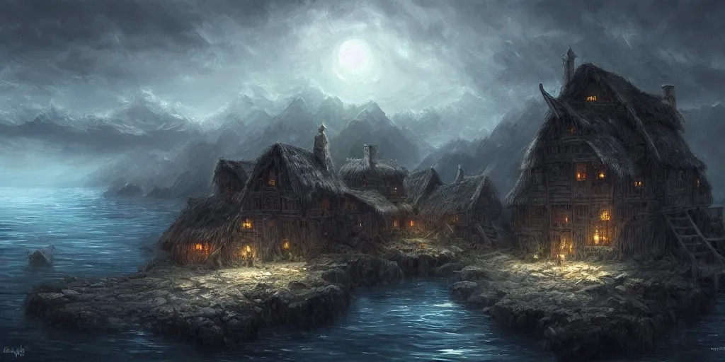 Image similar to village on top of the ocean, high fantasy, dark environment, elegant, highly detailed, digital painting
