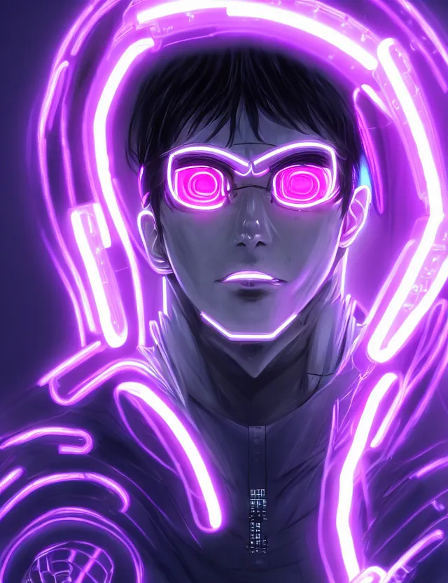 Image similar to a detailed manga portrait of a black haired cyborg man with glowing neon purple lights, trending on artstation, digital art, 4 k resolution, detailed, high quality, sharp focus, hq artwork, coherent, insane detail, character portrait