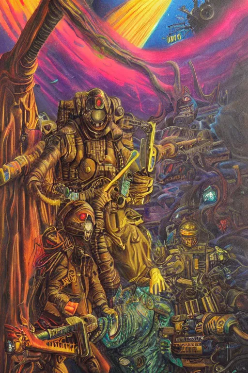 Image similar to the dirdir by jack vance, mike mignogna, lisa frank, highly detailed, vintage dark sci fi, oil painting