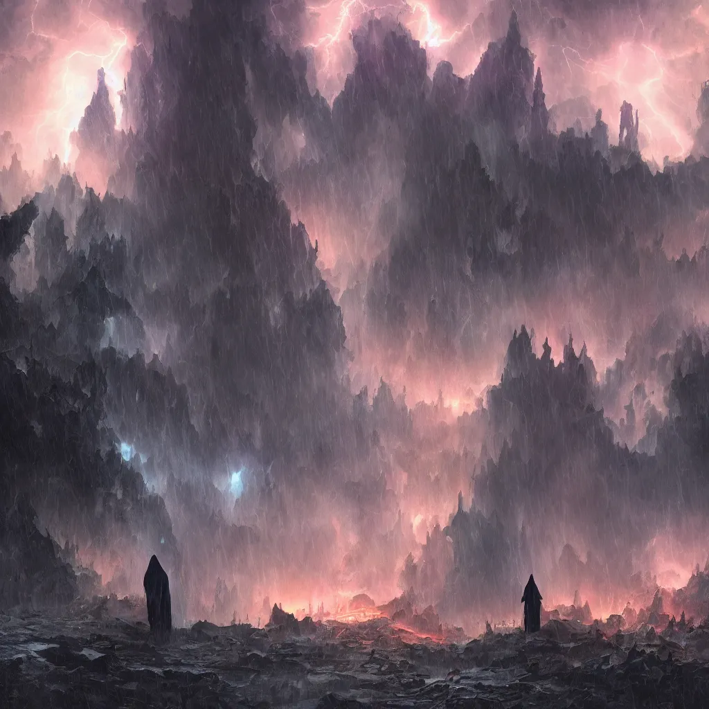 Image similar to a still of a cloaked figure standing in the ruins of crux prime, monastery, there is lightning, blue fiery maelstrom in the distance, it is raining, digital art, artstationhq