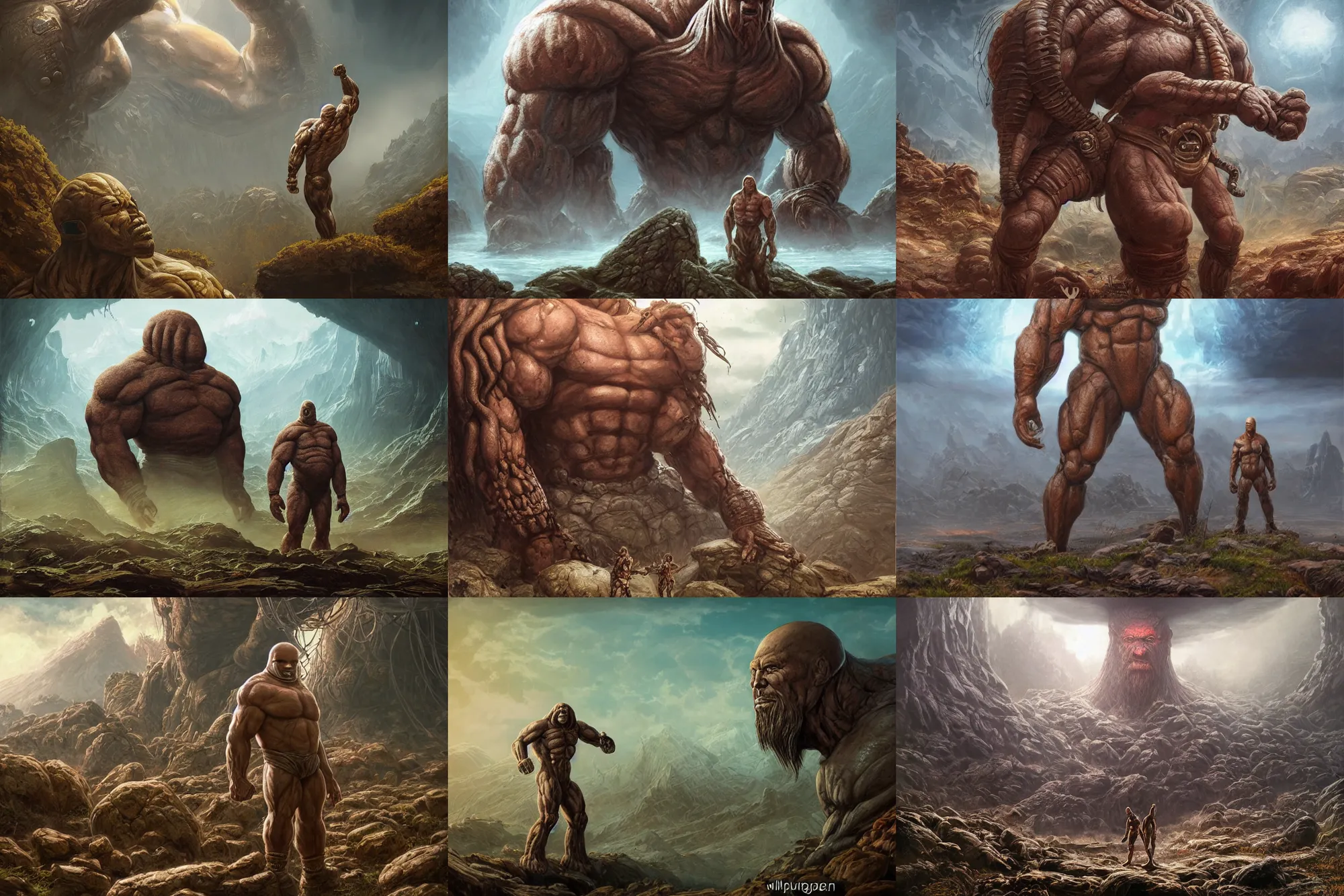 Prompt: highly detailed elden ring portrait photo of a huge muscular humanoid diglett prometheus engineer wandering in a scenic dystopian environment. even bigger massive digletts in the background, hyperrealistic illustration by william didier - pouget