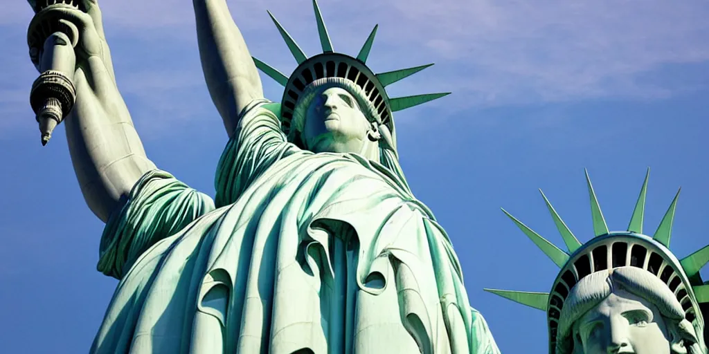 Prompt: low angle shot of the amazing statue of liberty in new york, usa