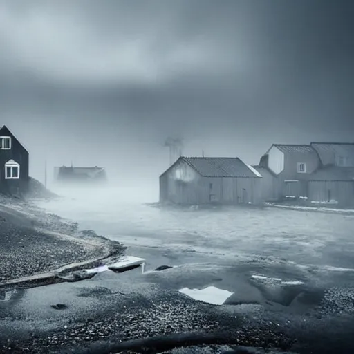 Image similar to icelandic fishing village with rustic architecture. cyberpunk style. apocalyptic style. photo. photorealistic. nebulous. fog.