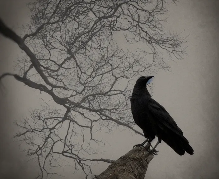 Prompt: a hyper-detailed close-up portrait of a crow on a tree in front of the full big moon; an extraordinary masterpiece; flawless; proud posture; photorealistic eyes; trending on artstation; f/1.4; 90mm