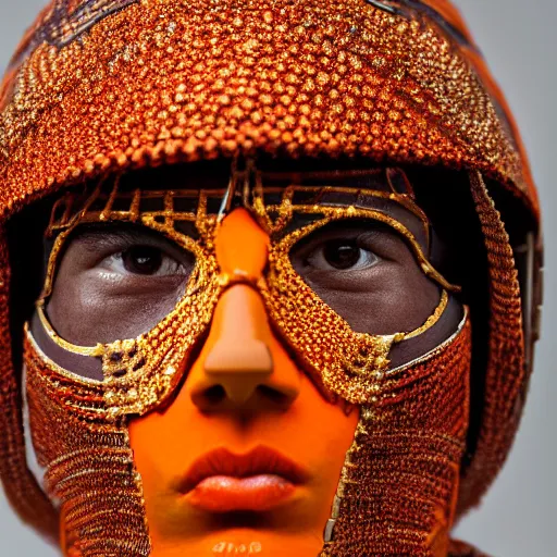 Image similar to a portrait of a beautiful young mexican male wearing an alexander mcqueen armor made of orange ceramic , photographed by andrew thomas huang, artistic