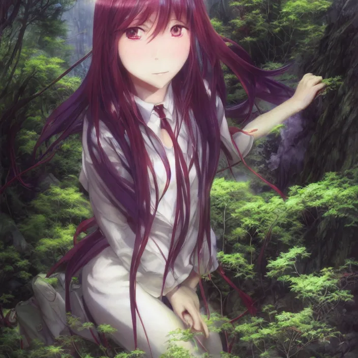 Image similar to Nishimiya Shouko, Albedo from Overlord, Mayer Re-l, Japan Lush Forest, official anime key media, close up of Iwakura Lain, LSD Dream Emulator, paranoiascape ps1, official anime key media, painting by Vladimir Volegov, beksinski and dan mumford, giygas, technological rings, johfra bosschart, Leviathan awakening from Japan in a Radially Symmetric Alien Megastructure turbulent bismuth glitchart, Atmospheric Cinematic Environmental & Architectural Design Concept Art by Tom Bagshaw Jana Schirmer Jared Exposure to Cyannic Energy, Darksouls Concept art by Finnian Macmanus