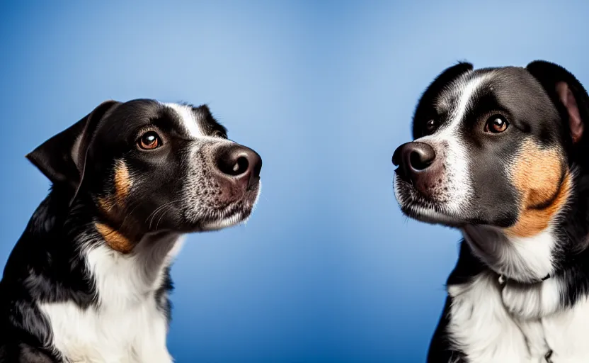 Prompt: studio photography portrait of a dog on dark blue background, rim light, beautiful lighting, 8 k