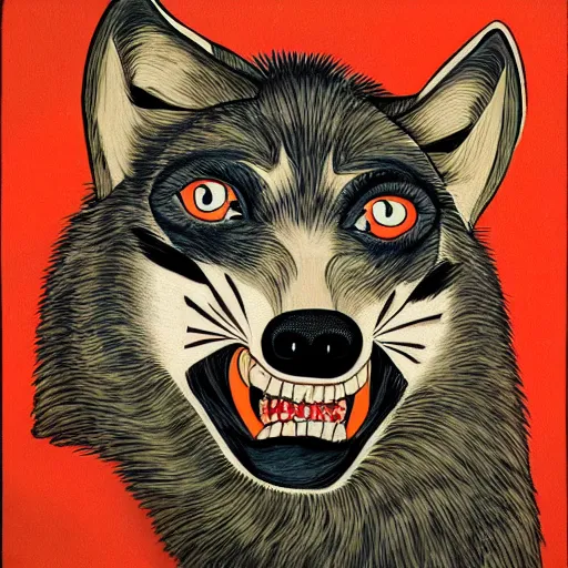 Image similar to portrait of ugly wolf, retarded, eyes in different directions, rabies, propaganda style, vivid colors