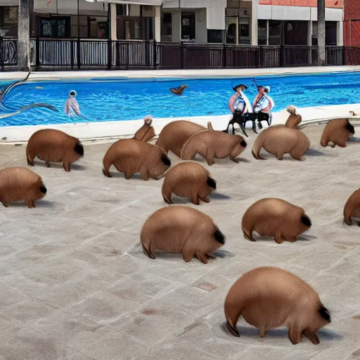 Image similar to digital street art a bunch of capybaras in the community pool