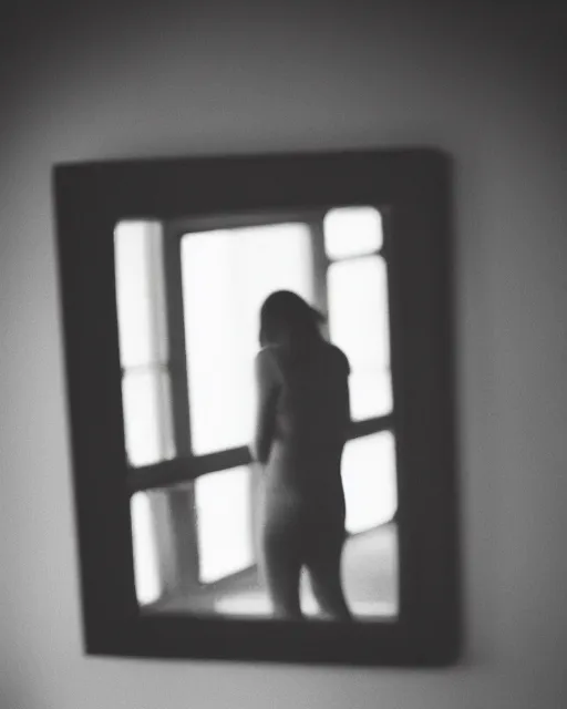 Image similar to the ghost in the mirror, moody, ambient, volumetric light, sharpened, monochromatic, film photography