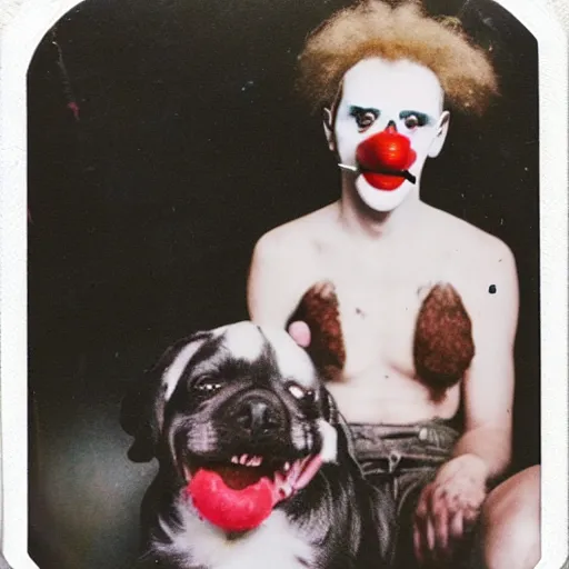 Prompt: Old polaroid photo of a Clown-Vampire with cute puppy