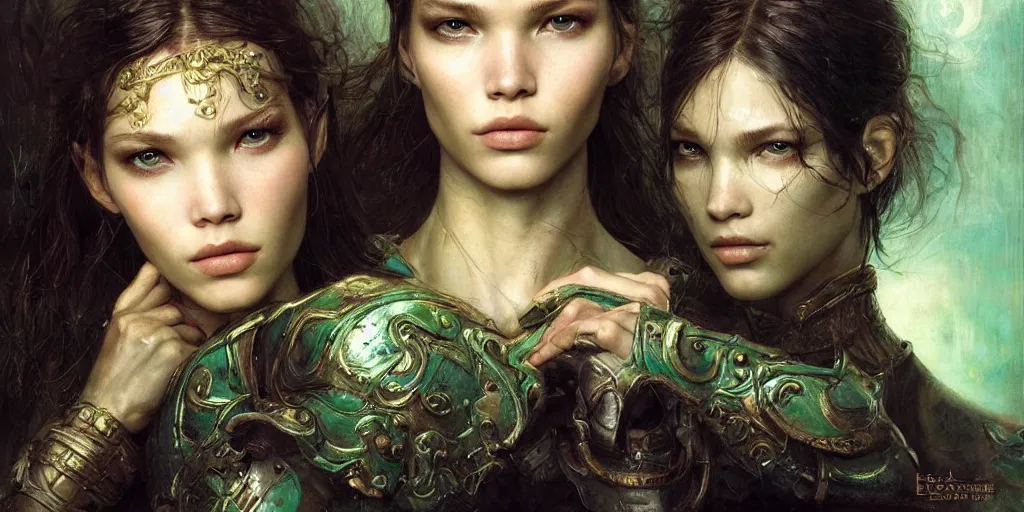 Image similar to epic masterpiece portrait of warrior played by sasha luss, followed by head with many souls, beautiful face and flawless skin, perfect hands, emeralds by Edgar Maxence and Ross Tran and Michael Whelan