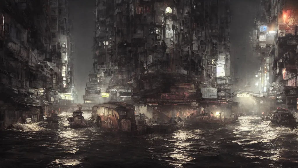 Prompt: dramatic Photorealistic, Matte Painting of a tug boat with bright head lights exploring a busy post apocalyptic deep flooded Hong Kong city street at night,dark Tall buildings by Greg Rutkowski,Craig Mullins,Hyperrealism,Beautiful dramatic moody lighting,Cinematic Atmosphere,Octane Rendering,8K