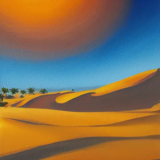 Image similar to a painting of oasis in desert, dramatic lighting