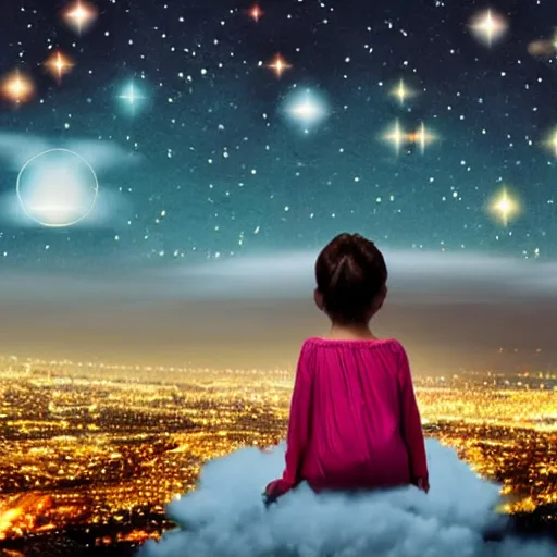 Prompt: a little girl with wings sitting on the cloud looking at the city during the night with stars in the sky