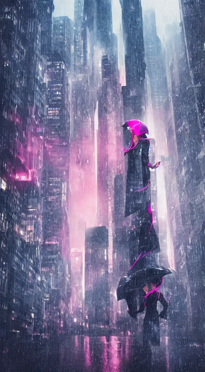 Prompt: city of the future, many skyscrapers, blade runner style, hyper-realistic, octane render, realistic, real, street, rain, beautiful girl with umbrella wearing bikini and clear raincoat with pink hair, cinematic, 8k, very intricate,