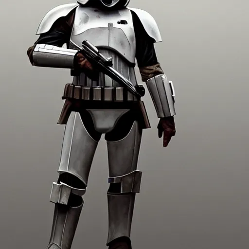 Image similar to full body shot of an imperial stormtrooper in battle position ready to shoot his blaster concept art by Doug Chiang cinematic, realistic painting, high definition, very detailed, extremely high detail, photo realistic, concept art, the Mandalorian concept art style