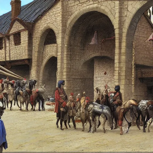 Prompt: a medieval horse market, by john howe