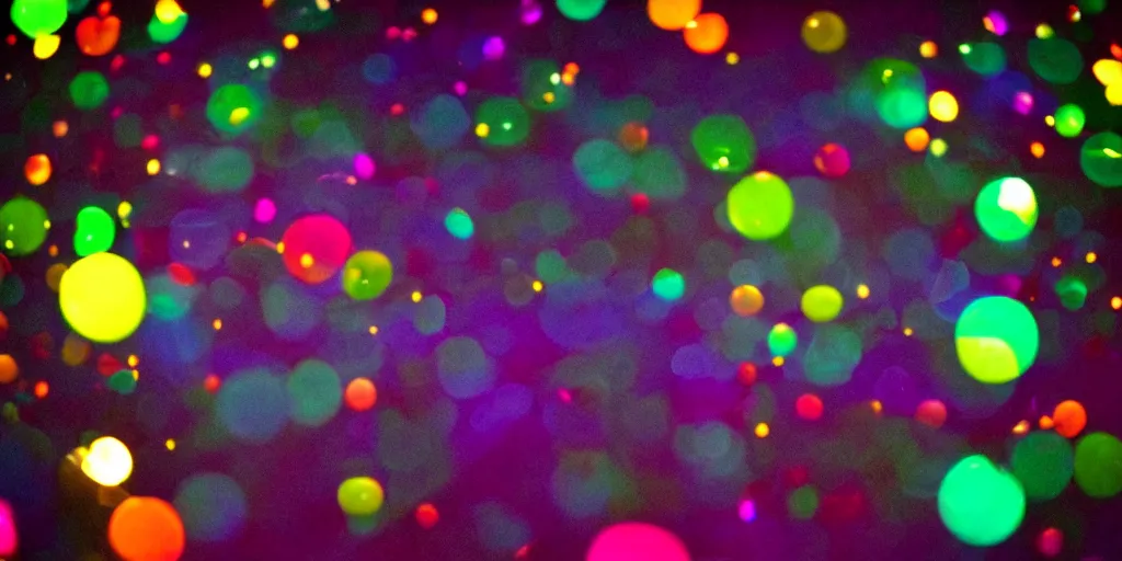 Image similar to hundreds of tiny bubbles floating in a dark room and a single lamp illuminating the darkness from the corner, vivid colours, soft bokeh, LSD, stylish,