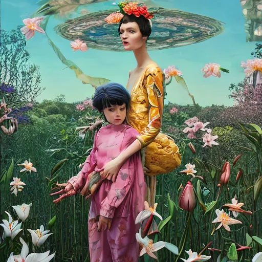Prompt: pretty mother with child in arm with lilies : : by martine johanna and simon stalenhag and chie yoshii and casey weldon and wlop : : ornate, dynamic, particulate, rich colors, intricate, elegant, highly detailed, vogue, harper's bazaar art, fashion magazine, smooth, sharp focus, 8 k, octane render