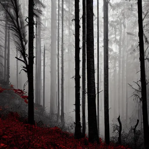 Image similar to a nightmarish creature in a dark forest with tall creepy trees, horrifying, black and red colours, wispy fog, ominous, accented paint strokes, detailed