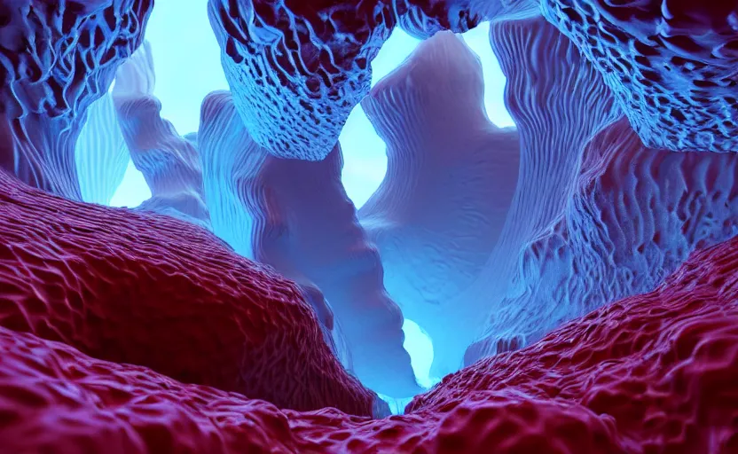 Prompt: liquid nitrogen and red water-cooling coolant flowing through latent representations of ice caverns by centrifugal forces, vegetation!, computer circuitry sticking out the walls!!!!!, high detail, high contrast!, low-poly elements!!!, trending on artstation, octane render, subsurface scattering, 4k