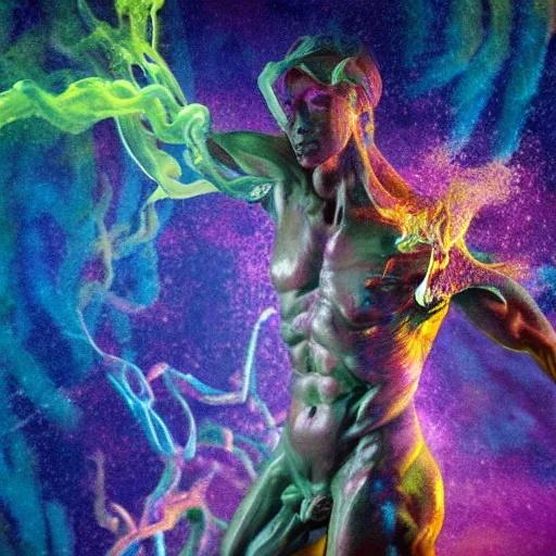 Prompt: **a statue made of smoke, oil paints, fluid simulation, houdini sim, turbulent liquid, human form, anatomy, brilliant colors, cinematic lighting, branches, muscles, nebula, face, ink-wash, contrapposto, dripping paint, vines, tentacles