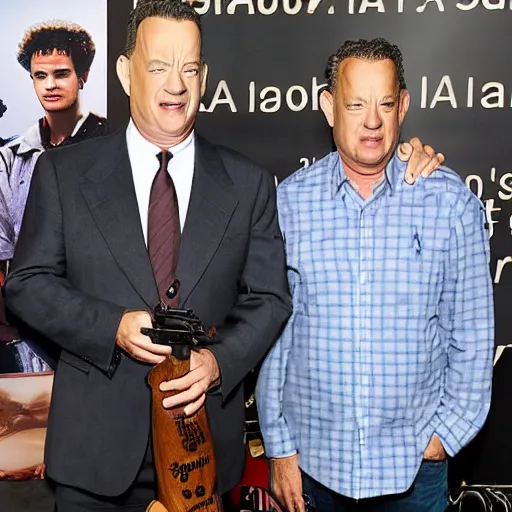 Prompt: tom hanks unveiling his weapons of war