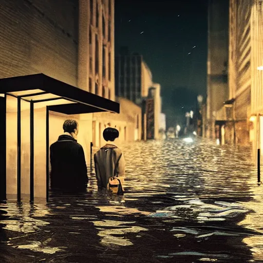 Image similar to a some people waiting in a lone bus stop in quiet dark city night at flooded world in Interstellar movie, high quality, high resolution,detailed