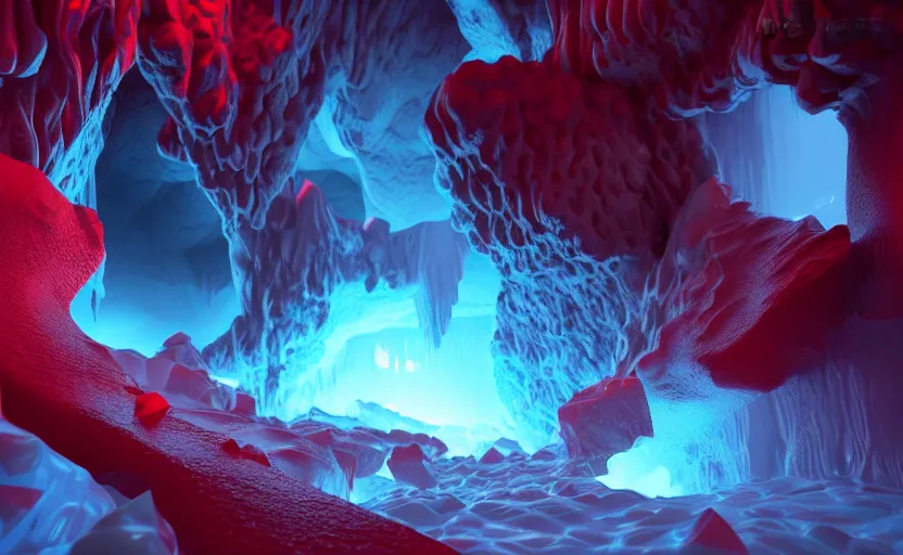 Image similar to liquid nitrogen and with red water-cooling coolant flowing through latent representations of ice caverns by centrifugal forces, gaming pc RGB components sticking out the walls!!!!, high detail, high contrast, low-poly elements!!!, trending on artstation, octane render, subsurface scattering, 4k