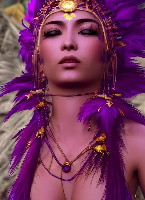 Prompt: closeup photoshoot of a asian goddess of bliss and honey, purple feathers hair, silk flowing in wind, totemic, ritualistic, tarot sigils embedded in ruby skin, photoreal, unreal engine, redshift render, trending on artstation