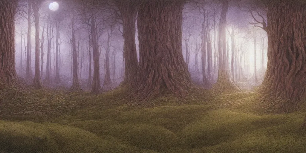 Prompt: Artwork by John Howe of The cinematic view of The Forest of Lost Twilight, a Forest, within which can be found an epitomic manor.