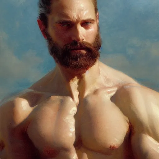Image similar to detailed cinematic wide shot of muscular attractive masculine sea captain man beard slim face symettrical face clean skin blue eyes white hair, ultra realistic, spring light, painting by gaston bussiere, craig mullins, j. c. leyendecker