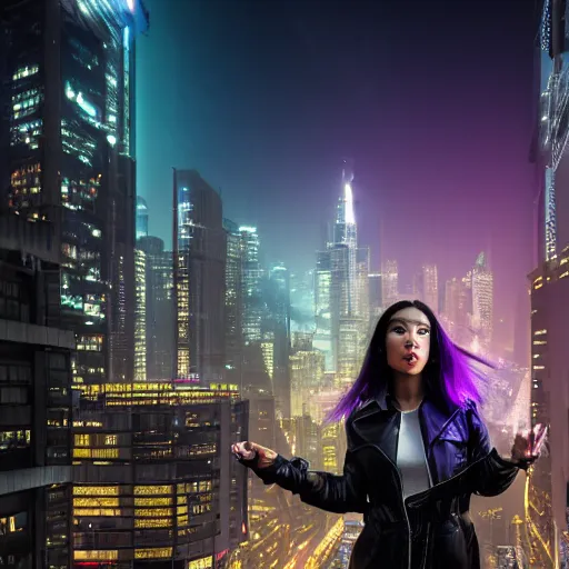 Image similar to highres photo portrait of cyberpunk girl standing on a rooftop, short purple hair with undercut, realistic body shape, wearing long leather trenchcoat and black cargo pants. night time, neon cityscape background, flying blimp with searchlights shining in the distance. 8 k high resolution