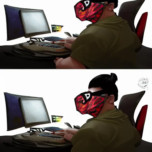 Image similar to an insanely detailed painting of a chubby nerdy asian man wearing a homemade superhero costume and mask, sitting at a computer desk typing on the keyboard, in the style of peter mohrbacher, dramatic lighting and composition, trending on artstation, concept art, comic book, graphic novel, back view