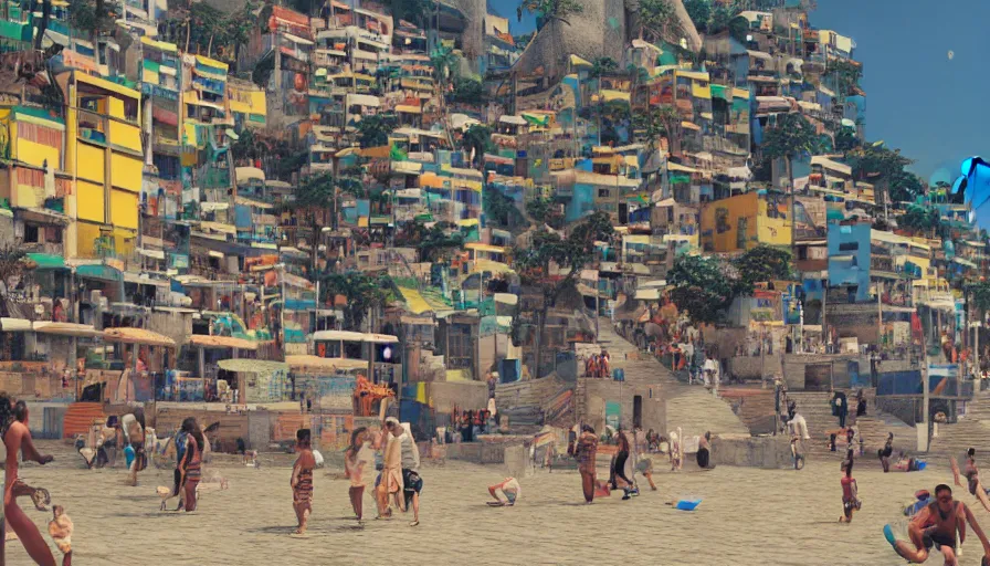 Image similar to favelas in rio, music dancing, locals, nightlife, hustlers and street - walkers, beach ocean fun octane render unreal 5, by piet mondrian