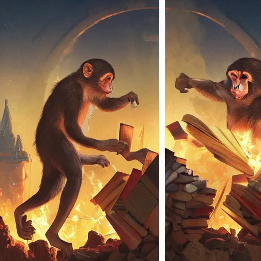 Image similar to [two monkeys throwing books in a bonfire, behind them space rockets are taking off. propaganda, closeup, D&D, intricate, elegant, highly detailed, digital painting, artstation, concept art, matte, sharp focus, illustration, art by Artgerm and Greg Rutkowski and Alphonse Mucha and Enki Bilal]