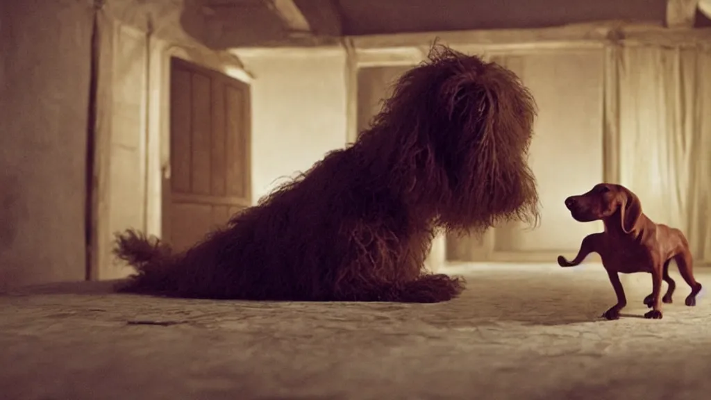 Prompt: the strange dog in the attic, made of wax and water, film still from the movie directed by Denis Villeneuve with art direction by Salvador Dalí, wide lens