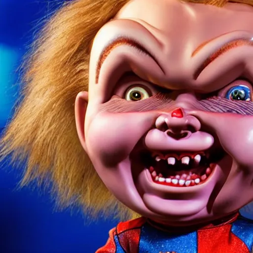 Image similar to hybrid of chucky and chuck e. cheese