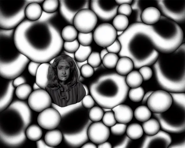 Prompt: a black and white photo of a woman's face surrounded by balls, an ambient occlusion render by Dora Maar, zbrush central, pointillism, ambrotype, marble sculpture, germaine krull,movie still, grotesque