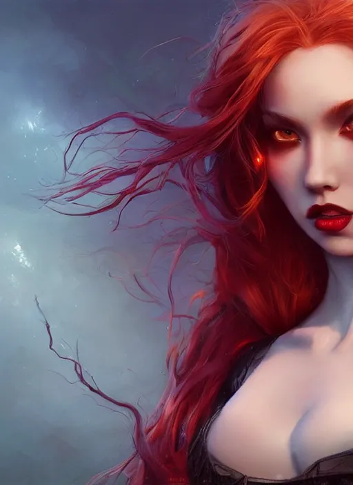 Prompt: girl with iridescent red hair, beautiful highly detailed face, complementary lighting, backlit, black eyeshadow, black lipstick, divine, dramatic lighting, landscape background, beautiful painting by artgerm and greg rutkowski and raymond swanland