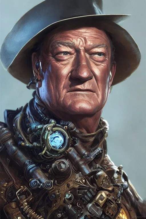 Image similar to john wayne as a steampunk cyborg gunslinger, portrait, western, duster, fantasy, intricate, elegant, highly detailed, digital painting, artstation, concept art, sharp focus, illustration, art by artgerm and greg rutkowski and alphonse mucha