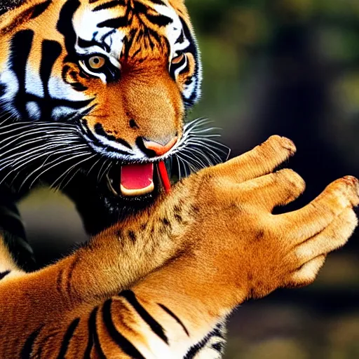 Prompt: a tiger licking your hand, 4k, high detail, high-resolution photograph, professional photography