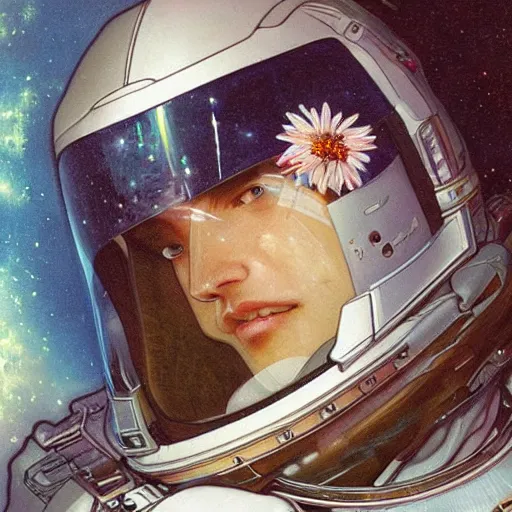 Image similar to a close up painting of an astronaut floating in space. his helmet visor is dark and reflective. you can see the reflection of flowers in his helmet visor. by artgerm and greg rutkowski and alphonse mucha