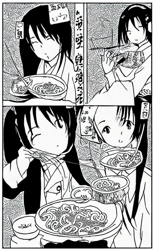 Prompt: Japanese manga style, white elephants eat instant noodles.