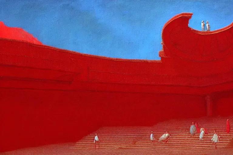 Image similar to only with red, a red melted emperor, taormina amphitheatre, crowd hails him happy, in the style of beksinski, parts by edward hopper, parts by rodcenko, parts by yue minjun, intricate and epic composition, red by caravaggio, insanely quality, highly detailed, masterpiece, red light, artstation, 4 k